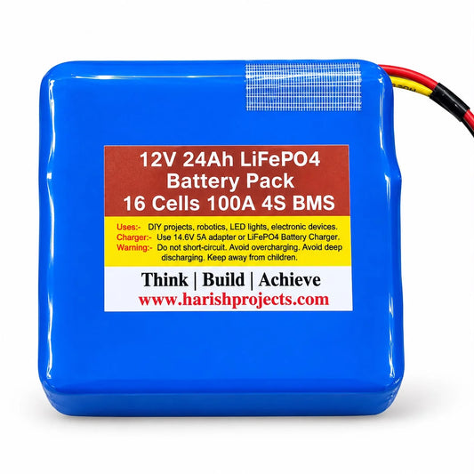 12V 24Ah LiFePO4 Battery Pack with 100A 4S BMS | 16 Cells Rechargeable Lithium Iron Phosphate Battery for Solar, Inverter & DIY Projects