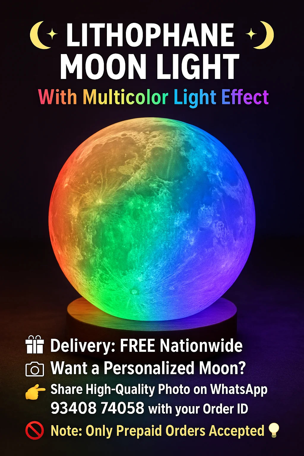 Lithophane Moon Light Lamp – Custom 3D Print | Multicolor LED Night Lamp Gift | 3D Photo Moon Light
