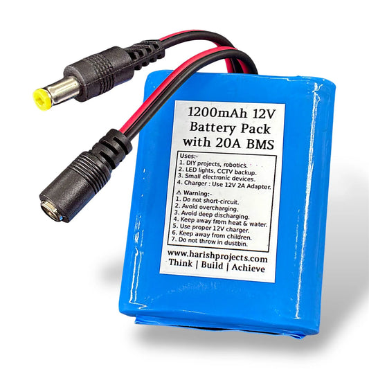 12V 1200mAh Rechargeable Battery Pack with 20A BMS | Hongli Lithium Battery with DC Male & Female Socket for Robotics & DIY Projects