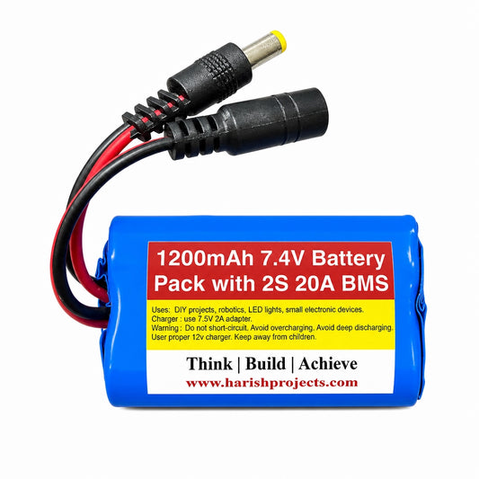20A 2S BMS 1200mAh 7.4V Battery Pack Rechargeable Battery | Hongli Lithium Battery with DC Male & Female Socket for Robotics & DIY Projects