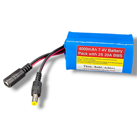 20A 2S BMS 4000mAh 7.4V Battery Pack Rechargeable Battery | Hongli Lithium Battery with DC Male & Female Socket for Robotics & DIY Projects